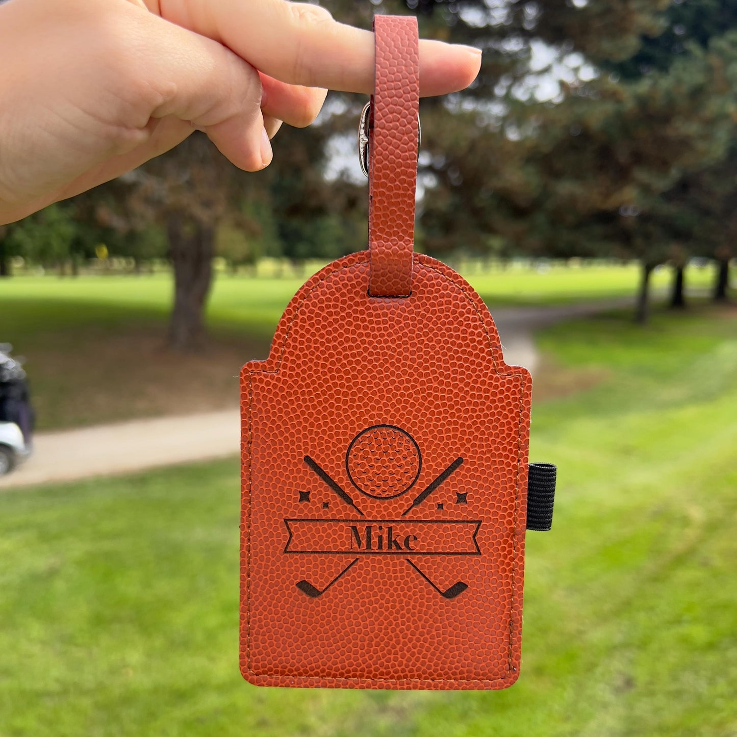 Engraved Faux Leather Golf Bag Tag with Tees, Personalized Golf Gift