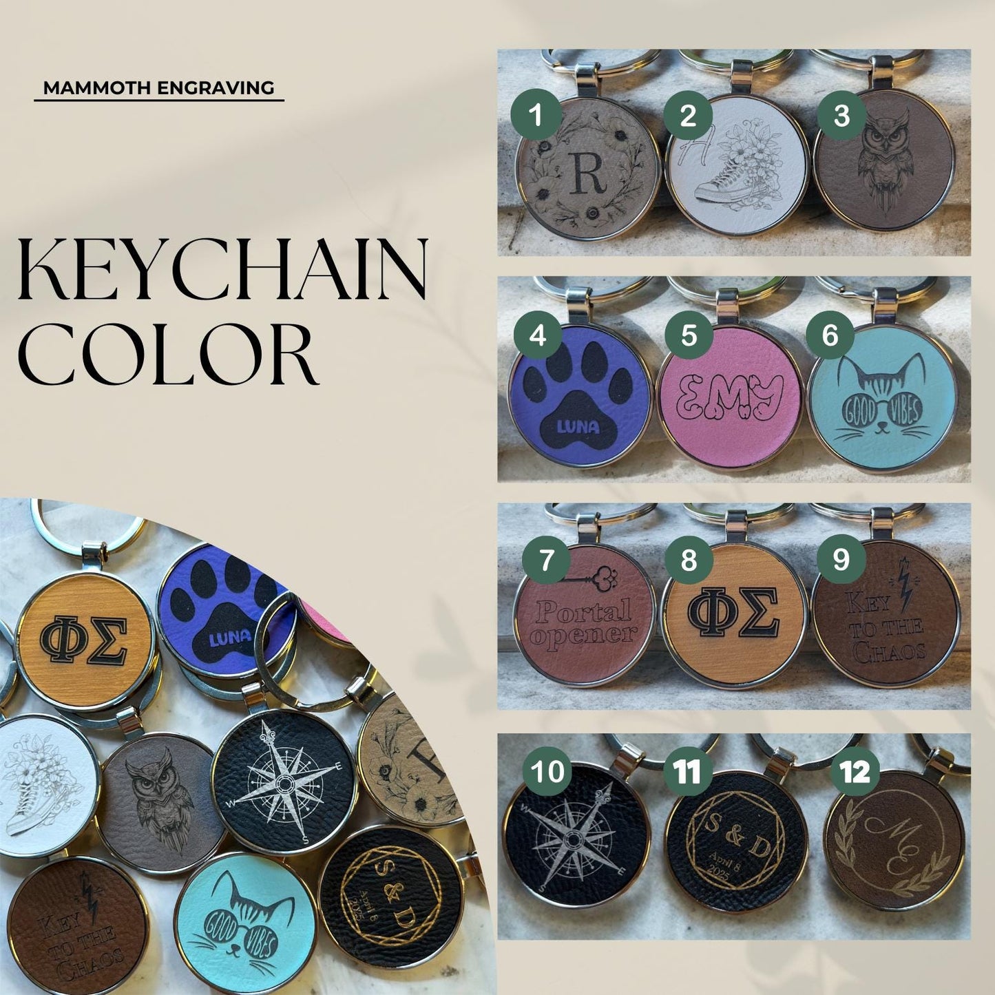 Round Keychain with Custom Name or Logo - Custom Logo Keychain - Personalized Leather and Metal Keychain