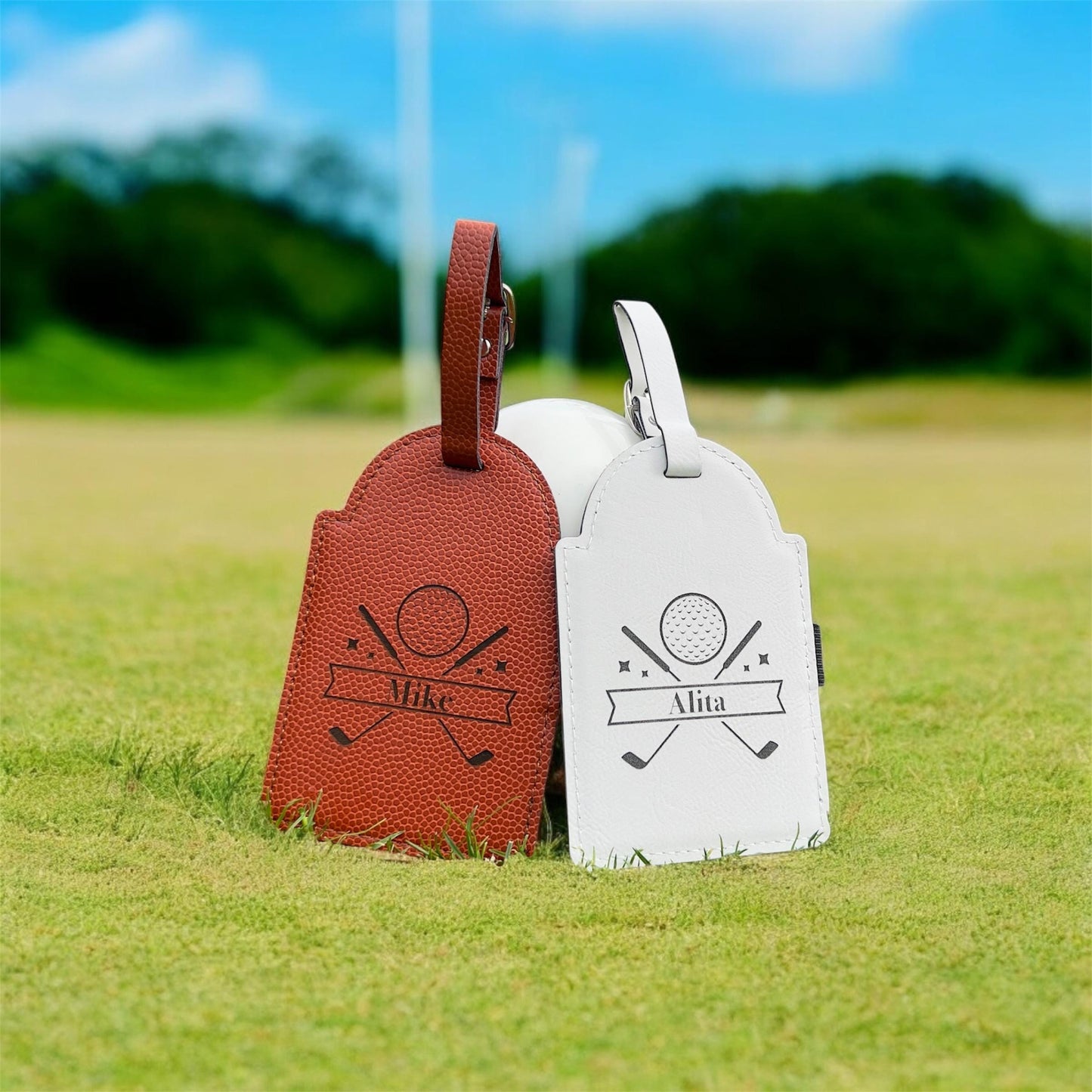 Engraved Faux Leather Golf Bag Tag with Tees, Personalized Golf Gift