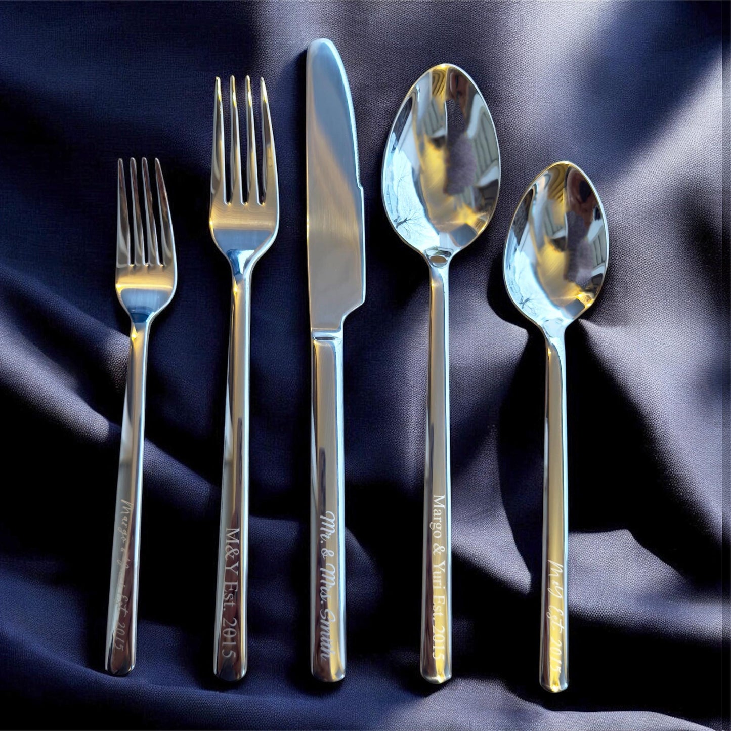 Personalized Dining UTENSIL FLATWARE set Fork Spoon Knife MODERN Custom Engraved Bridesmaid Housewarming Wedding