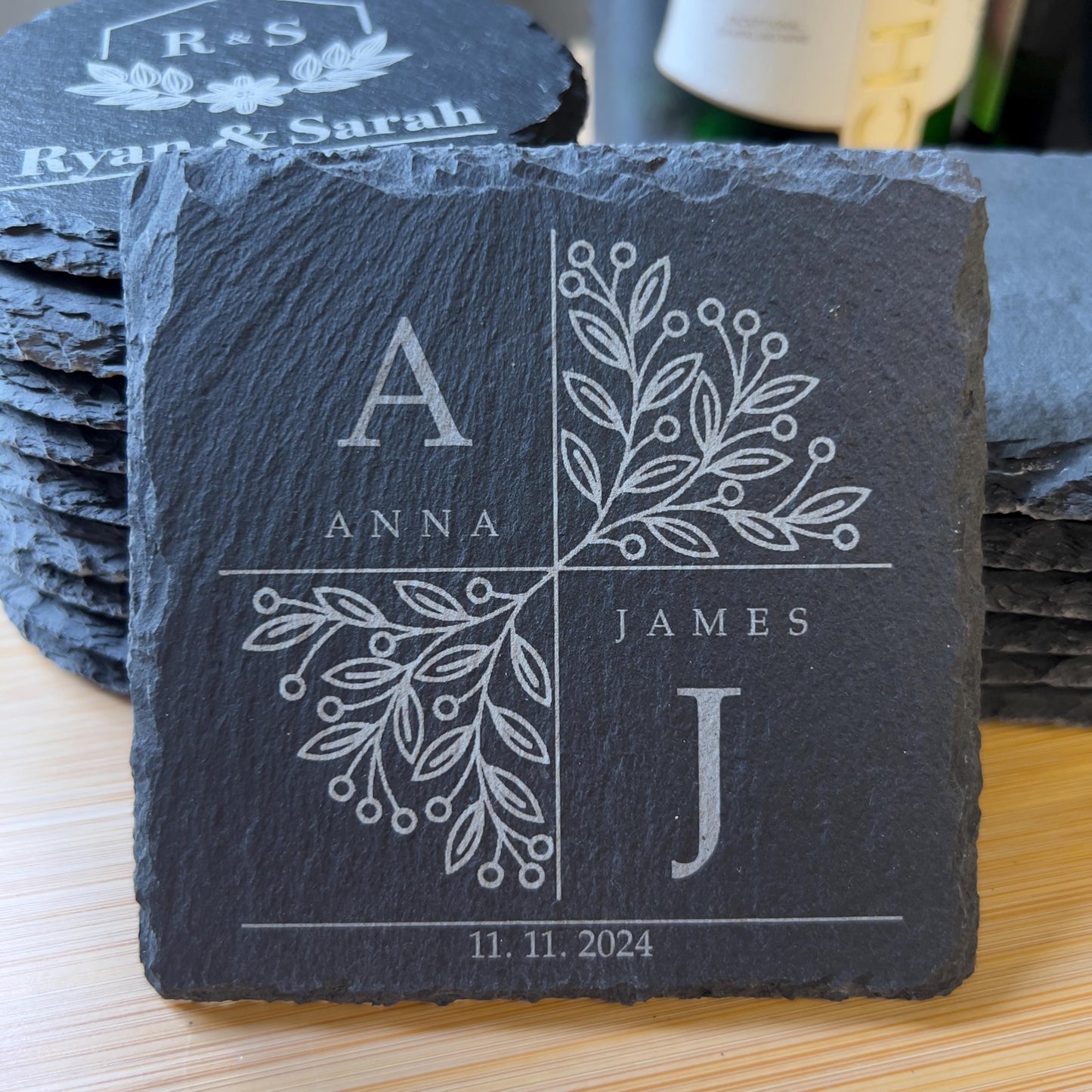 Engraved Coasters | Custom Wedding Gift | Personalized Housewarming Gift Set | Monogram Stone Coasters| Bulk
