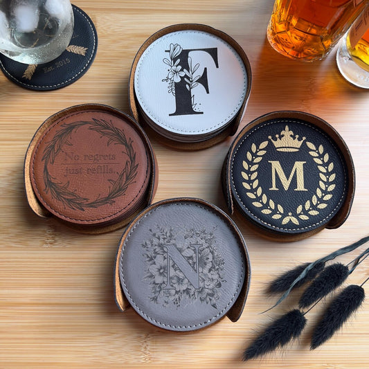 Leatherette Coasters with Holder - 6 Pack