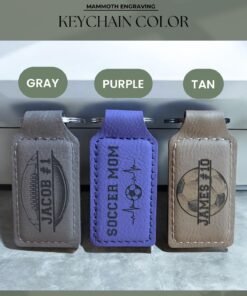 Football keychain color options: gray, purple and tan vegan leatherette