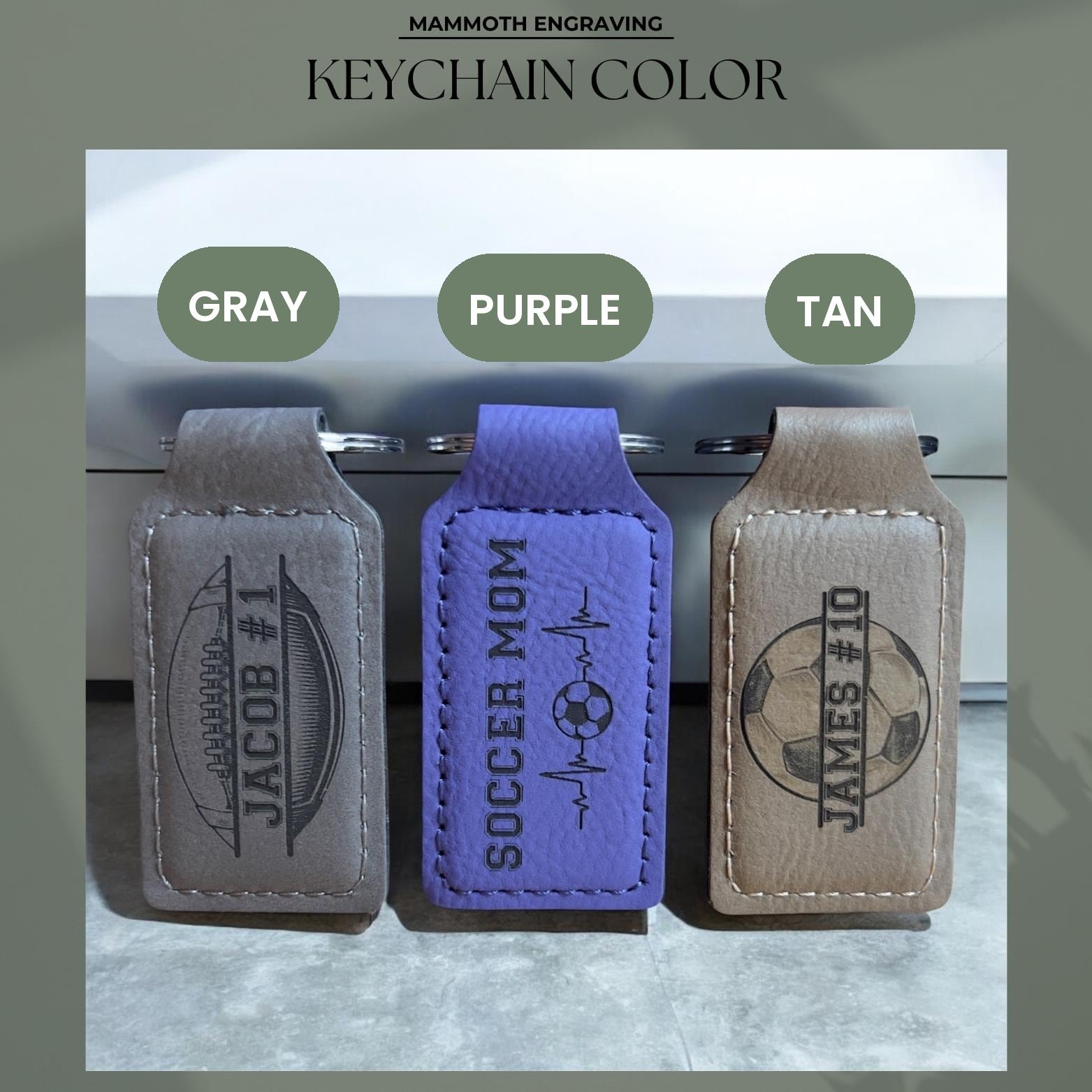 Football keychain color options: gray, purple and tan vegan leatherette