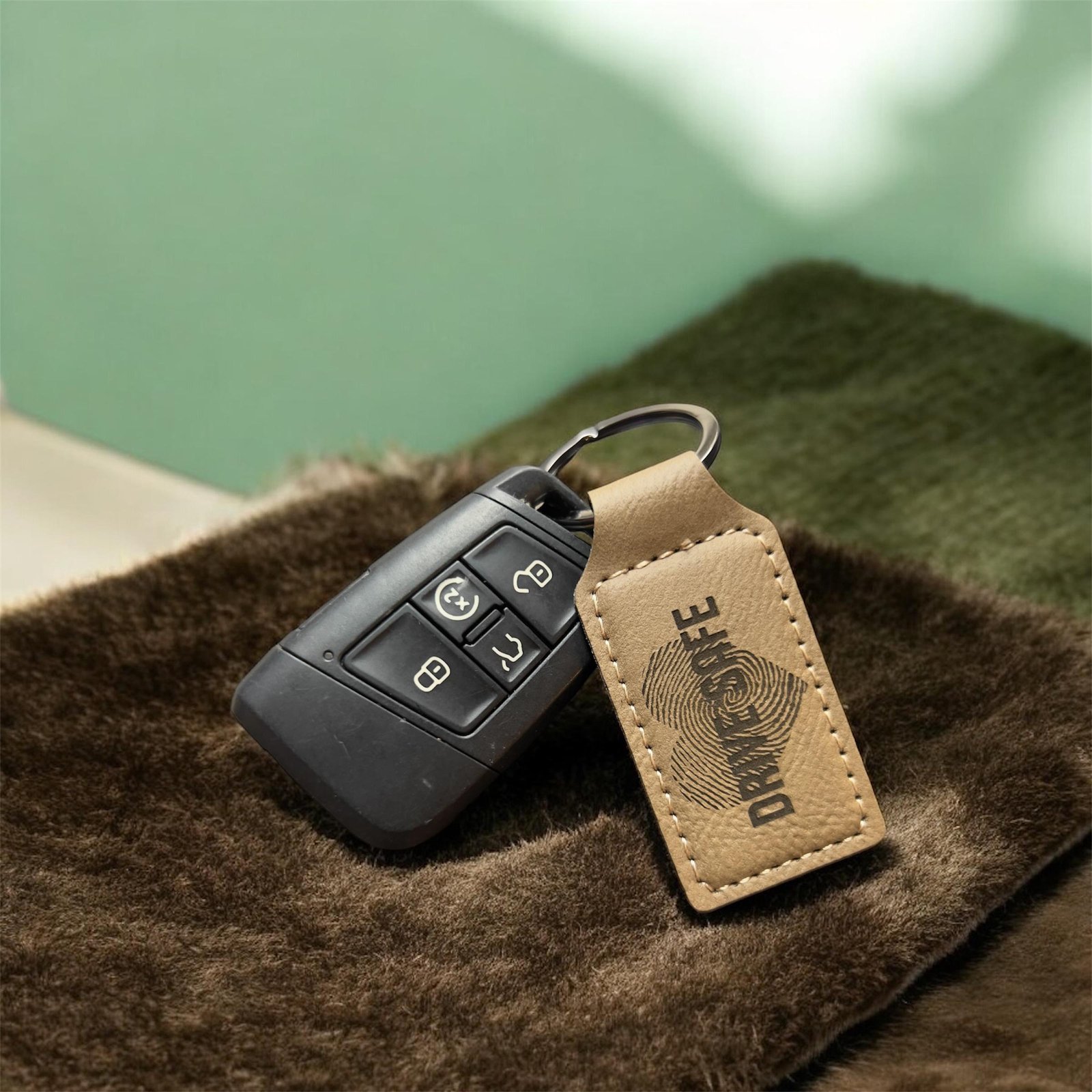 Tan vegan leatherette keychain engraved with Drive Safe beside a car key fob
