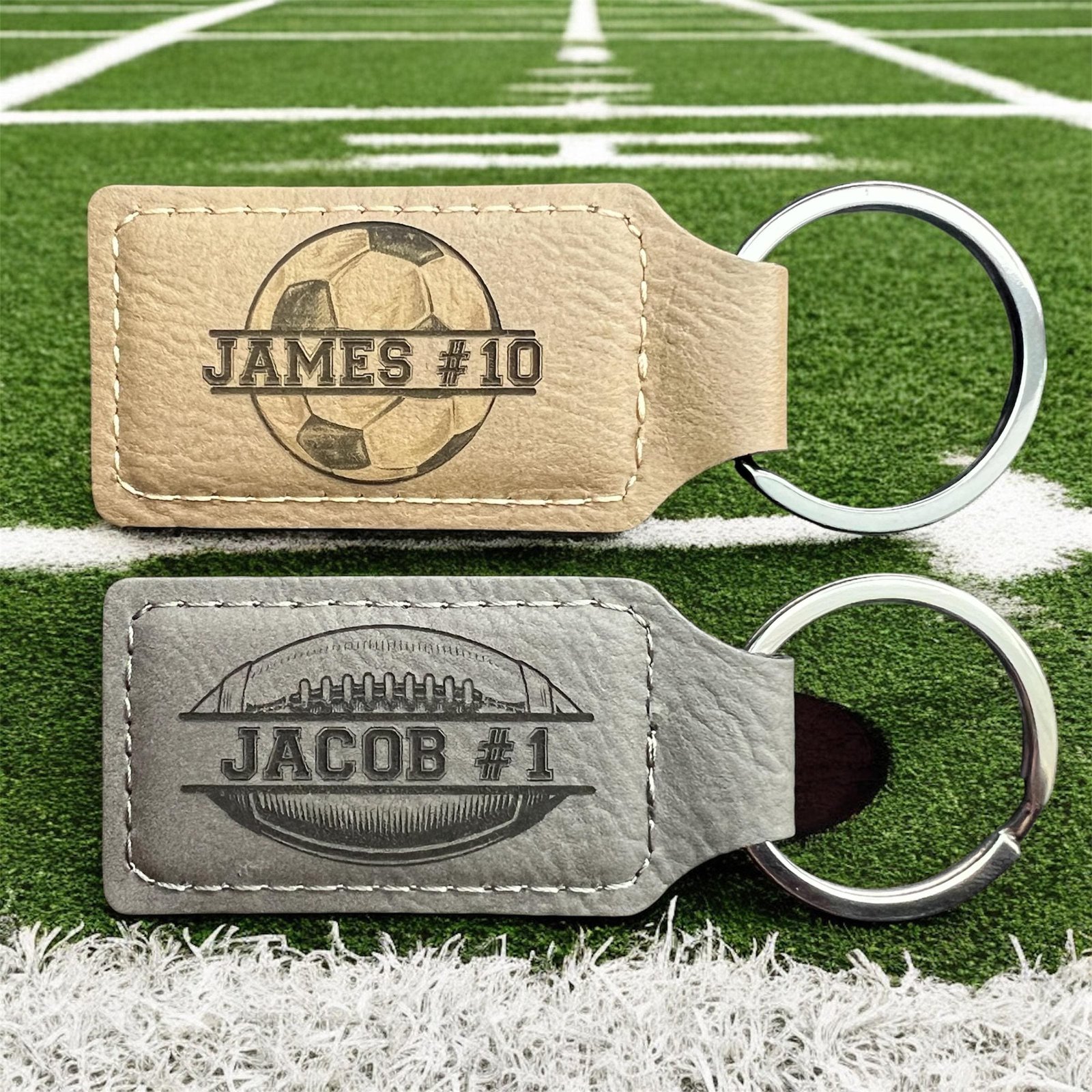 Personalized football keychains in tan and gray vegan leatherette engraved with names and numbers