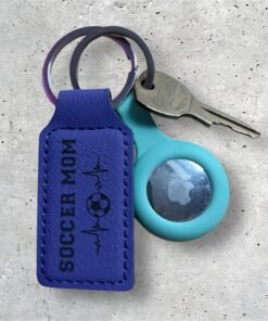 Purple vegan leatherette keychain engraved with the words Soccer Mom