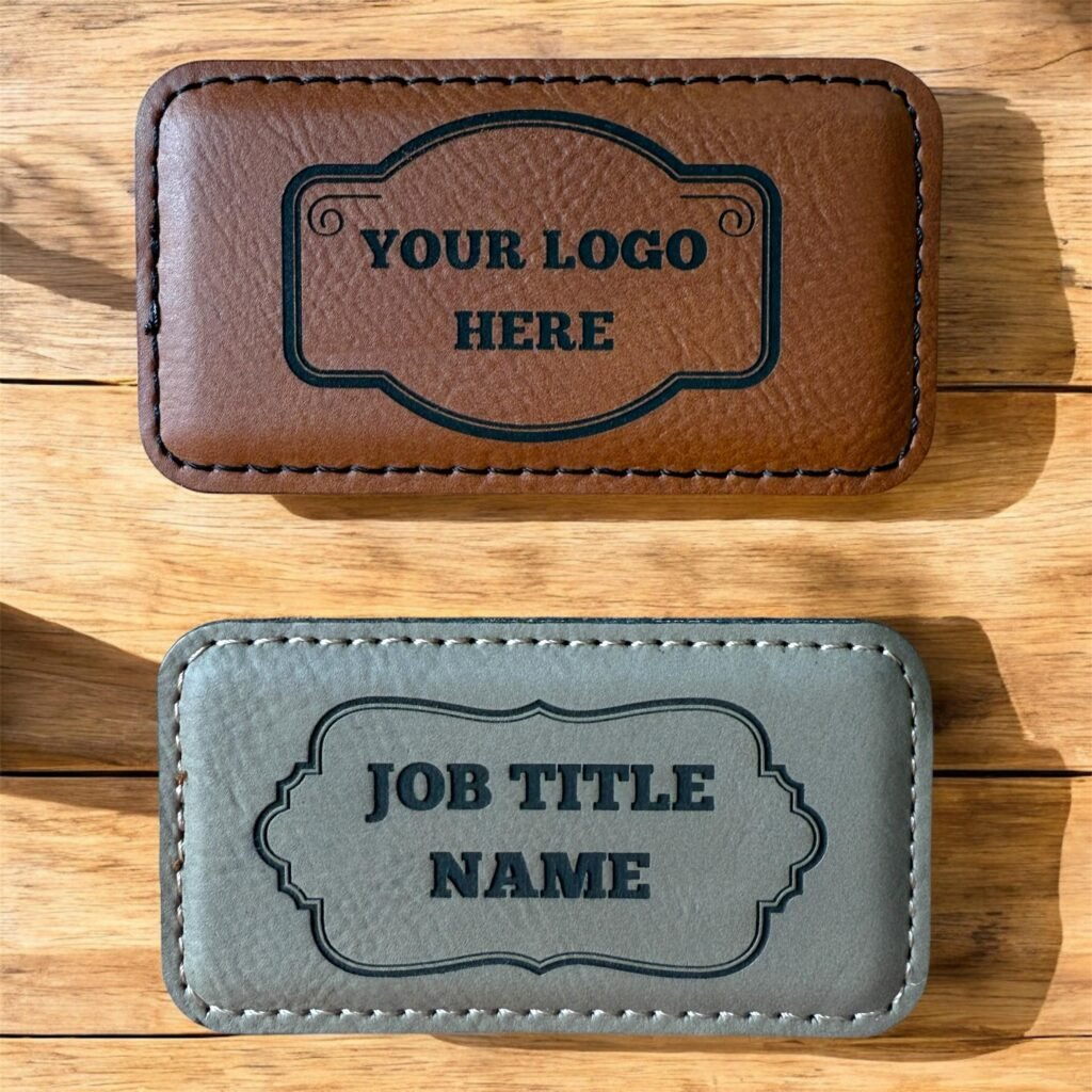 Brown and gray leatherette name tag badges engraved with logo and name placeholders