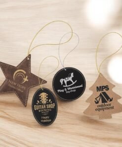 Engraved leatherette Christmas ornaments in star, oval, circle and tree shapes with sample logos