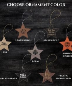 Ornament color chart showing seven numbered engraved leatherette star ornaments