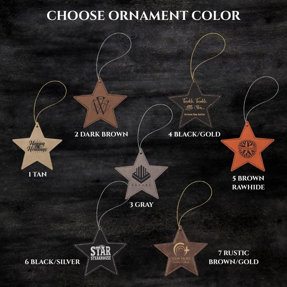 Ornament color chart showing seven numbered engraved leatherette star ornaments