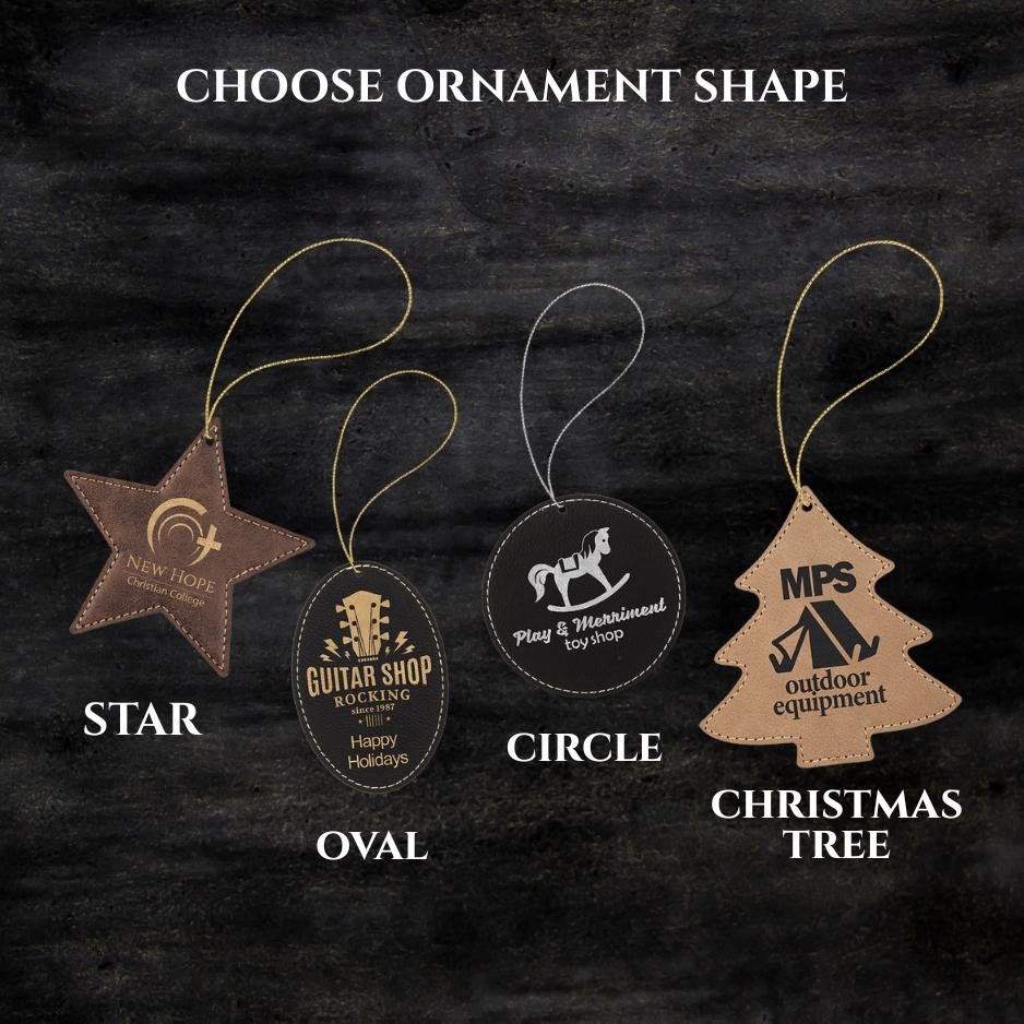 Ornament shape chart showing engraved leatherette star, oval, circle and tree ornaments